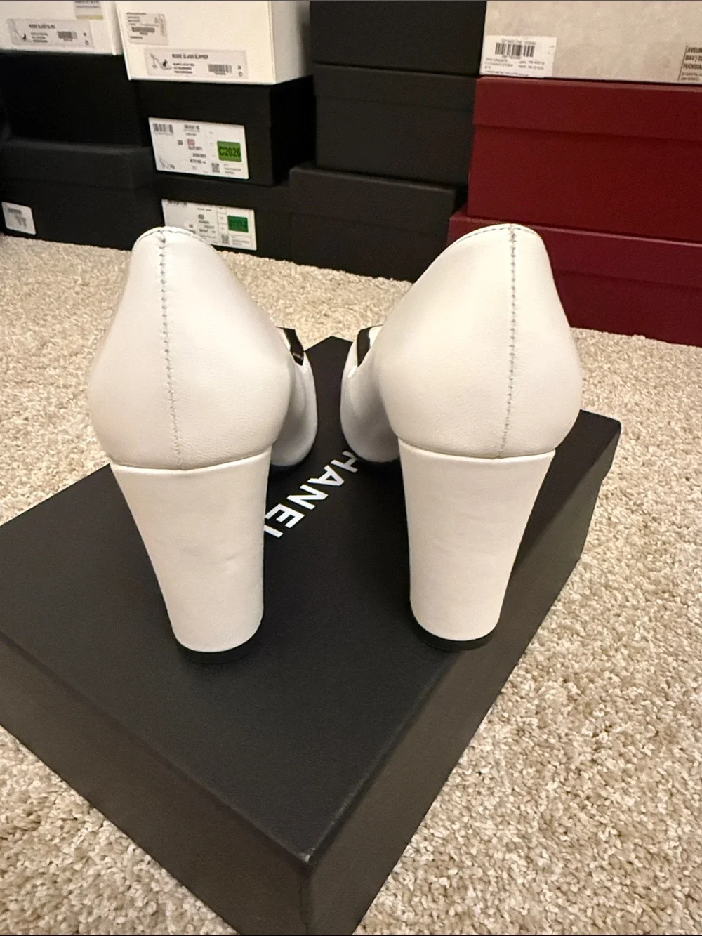 White Leather Square-Toe Loafers with Black Trim and Gold CC